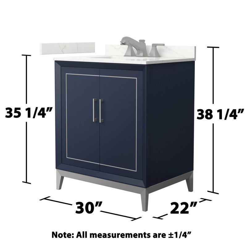 Ensemble de meuble-lavabo simple 30 po avec plateau Marlena, Quartz Giotto, Bleu très foncé, Nickel brossé