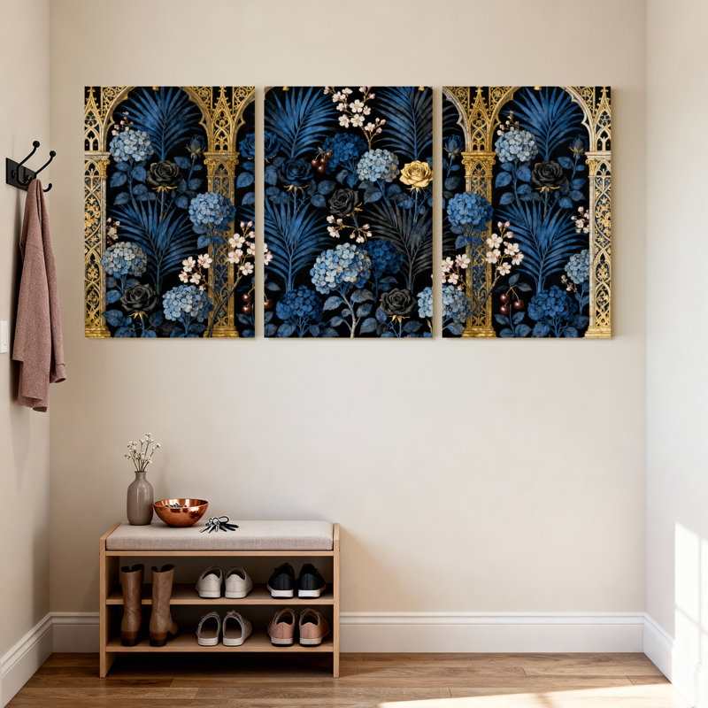 Plantes et fleurs, ensemble de 3 impressions sur toile à motif de voûte dorée florale bleue, H 18 po x l 12 po