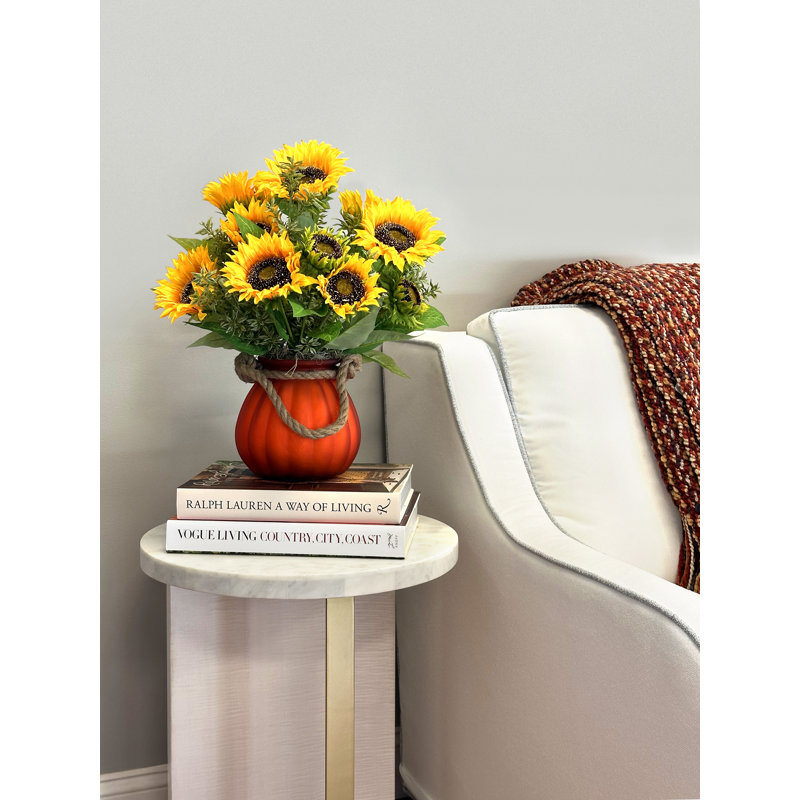 Fall Arrangement with Sunflowers and Tea Leaves in Pumpkin Vase