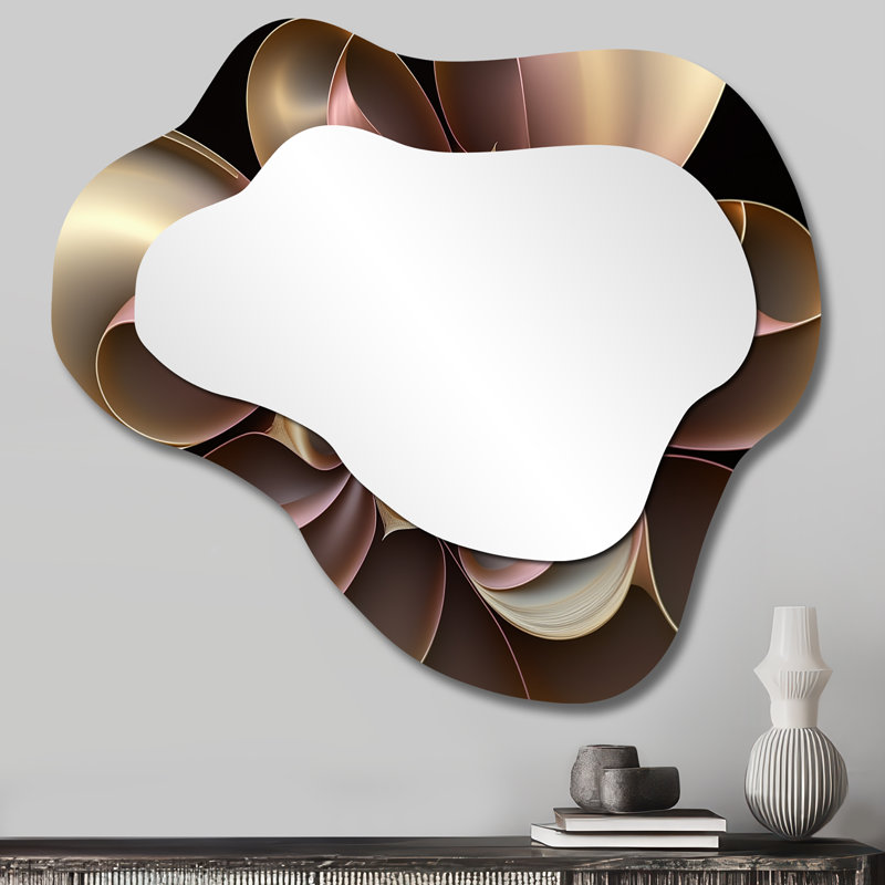 Fractal Spiral Flower In Vintage Rose Gold III - Fractals Asymmetrical Mirror, Gold Cloud Decorative Wall Mirror, Printed Metal Art