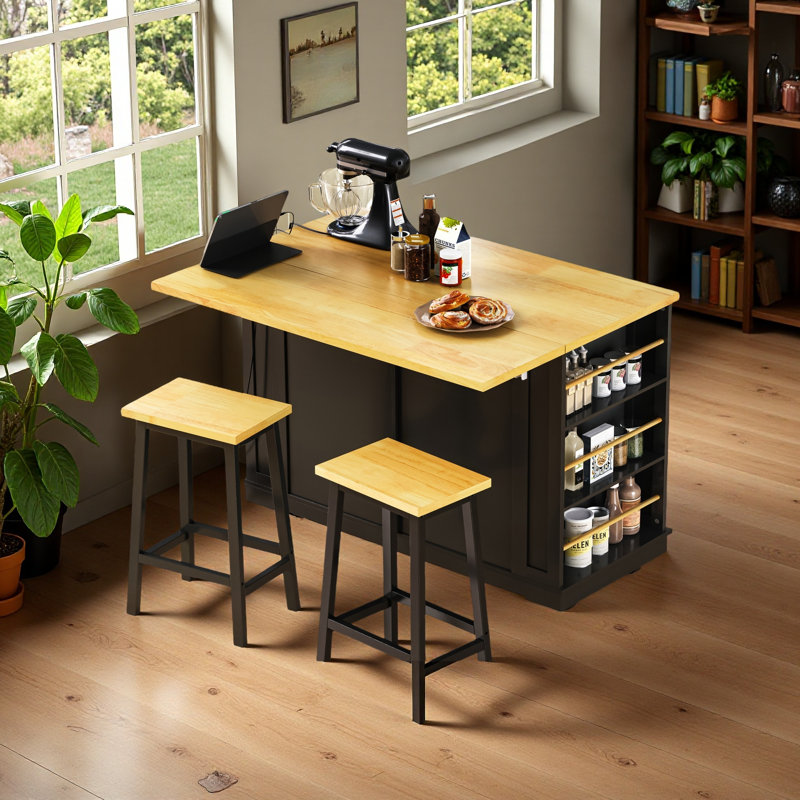 48Inch Large Kitchen Island With 2 Bar Stools, Power Outlet, Door Internal Storage Rack, Black