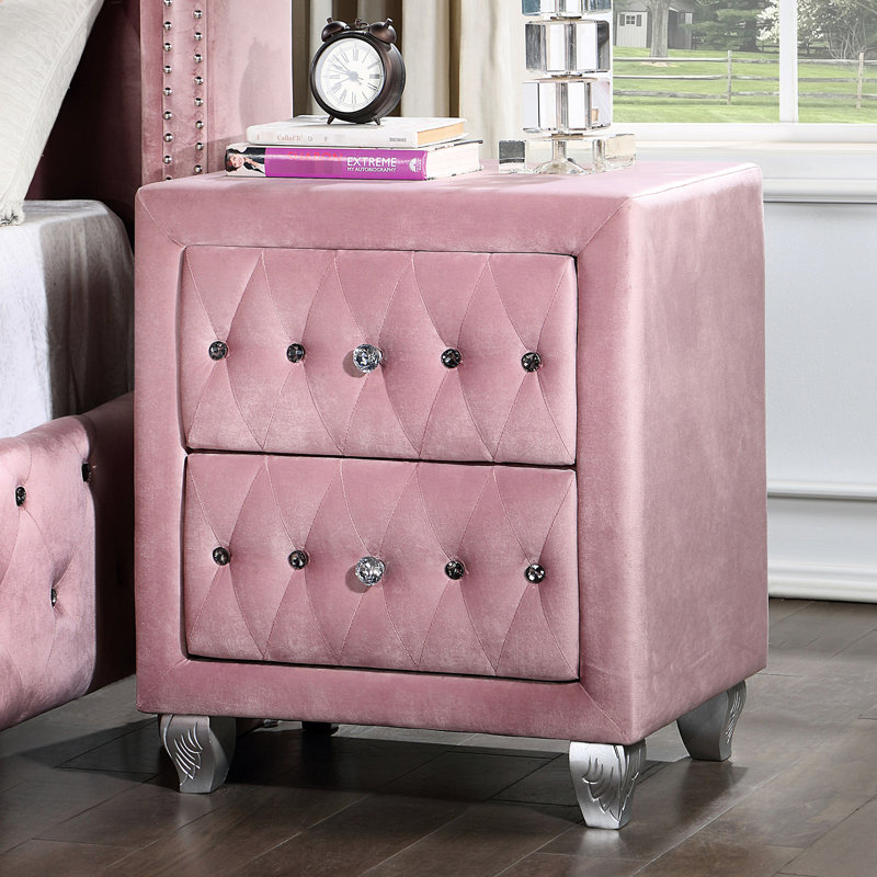 Table de chevet 2 en bois massif rose pour l'élégance de la chambre à coucher avec revêtement en velours et détails en acrylique