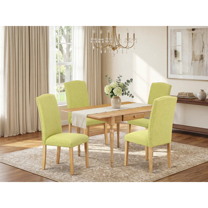 Ensemble de table de salle à manger 5 pièces comprenant une table de cuisine rectangulaire avec Dropleaf et 4 chaises de salle à manger Parson en lin Limelight, chêne