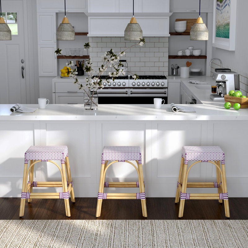 Tabouret de comptoir / de bar Lennart, Blanc / mauve / cadre en rotin naturel