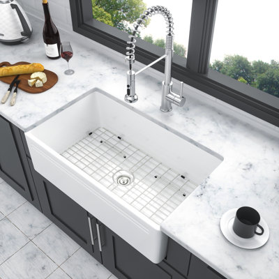 White Ceramic 30 Inch Reversible Apron - Front Kitchen Sink, Single Bowl, 304 Stainless Steel Dish Grid And Basket Strainer, Long Lasting Beauty Sink Constructed With Ceramic, Installation Option