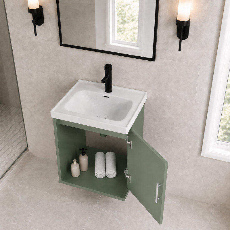 Ensemble de meuble-lavabo simple flottant vert 16 po avec lavabo en céramique et portes à fermeture douce, Green