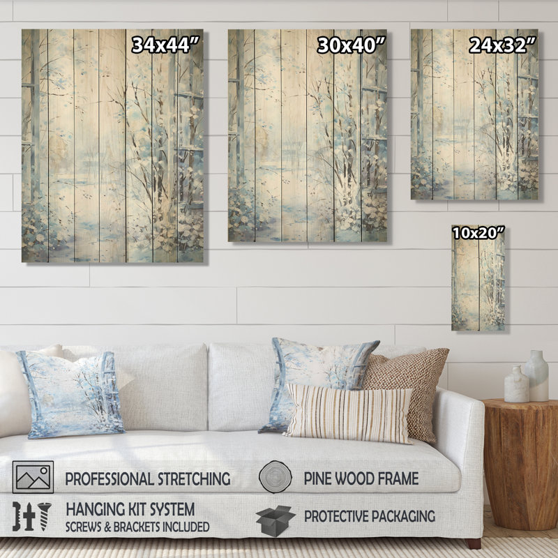 «White and Blue Winter Forest Collage I», paysage d'hiver sur bois, H 20 po x l 10 po