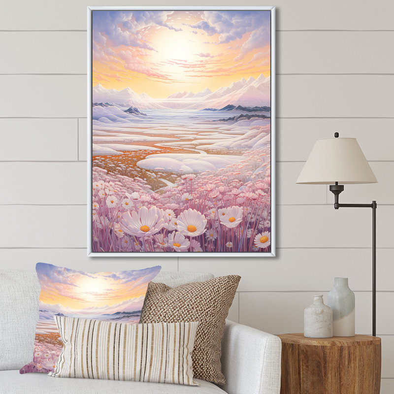 Kawaii Paries Landscape At Sunset III - Prairies, reproduction d'art sur toile, Cadre flottant blanc