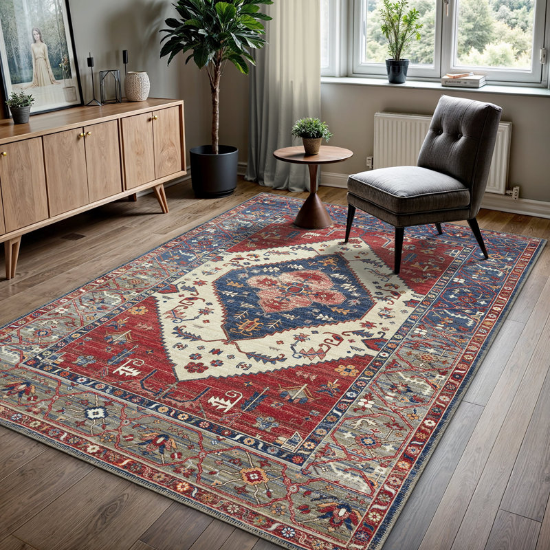 GLN Rugs Vintage Collection - Machine Washable Area Rug, Vintage Washable Rug, Non Slip Area Rug, Low Pile Living Room Rug, Bedroom Rug, Bathroom Rug - Easy Clean (Red Rug)