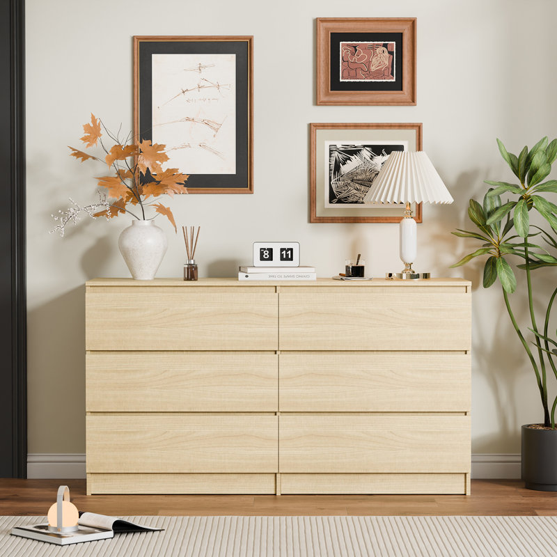 Parleen 52" W 6 Drawer Dresser - Wood Bedroom Dresser, Modern Double Dresser for Bedroom, Oak