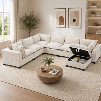 Beige Chenille 7-Seat Modular U-Shaped Sectional Sofa with Storage Ottoman