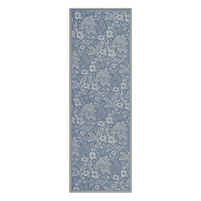 Floral Foliage Machine Washable Celestial Blue Indoor Area Rug With Non-Slip Backing, Runner 2'6" x 8'