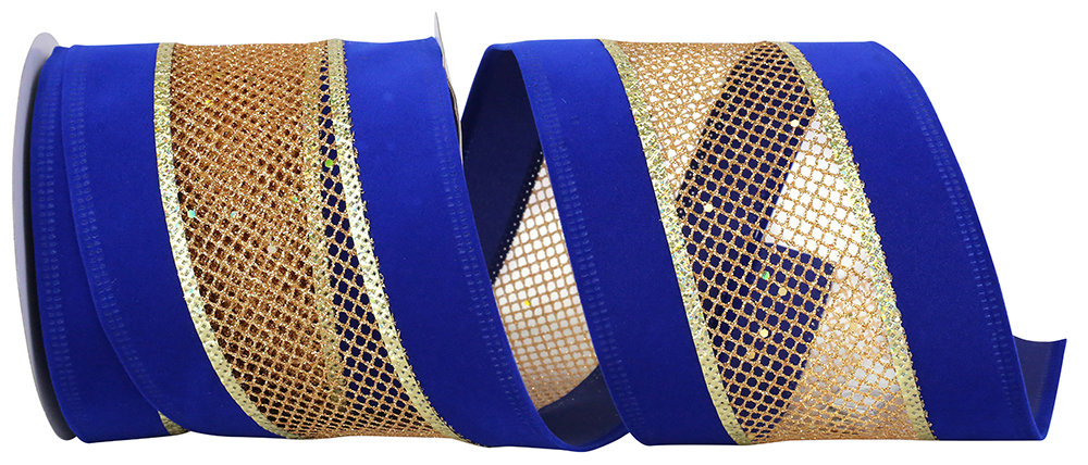 4x10yd Royal/Gold Velvet Mesh Middle Wired Edge Ribbon The Holiday Aisle