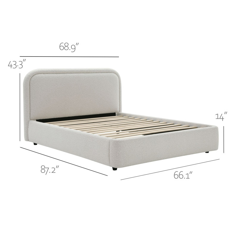 Modern Bed Frame with Rounded Corners and Headboard, Low Profile Platform, Queen, Boucle