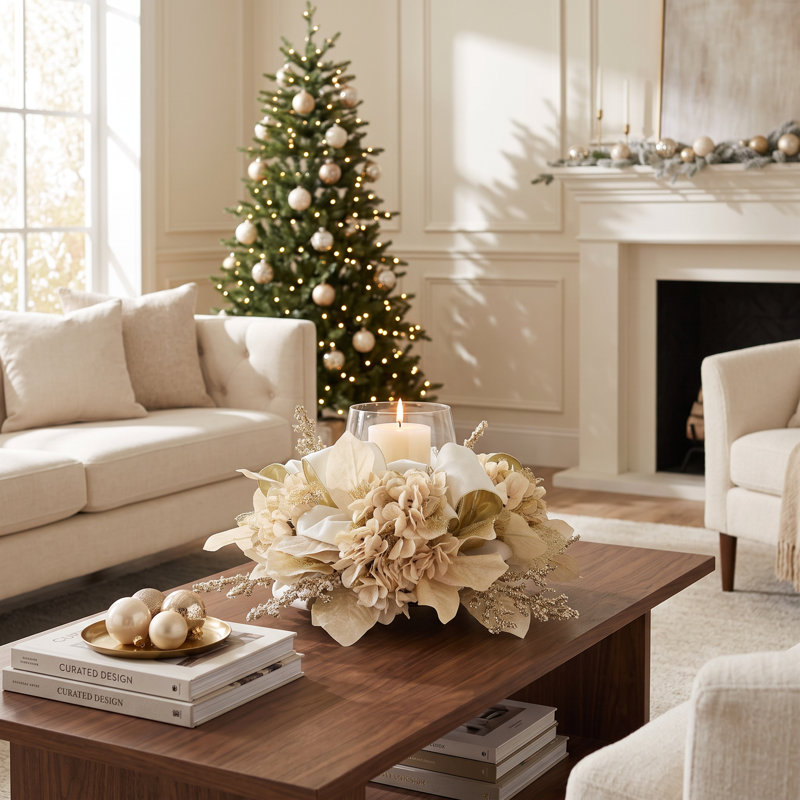 Holiday Candleholder with Hydrangeas and Leaves