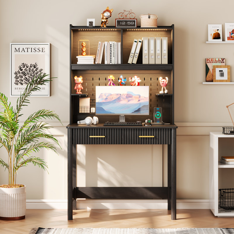 Bureau d'ordinateur moderne avec huche, éclairage à DEL tricolore et organisateur de panneau perforé - Bureau d'étude avec tiroir et tablettes de rangement