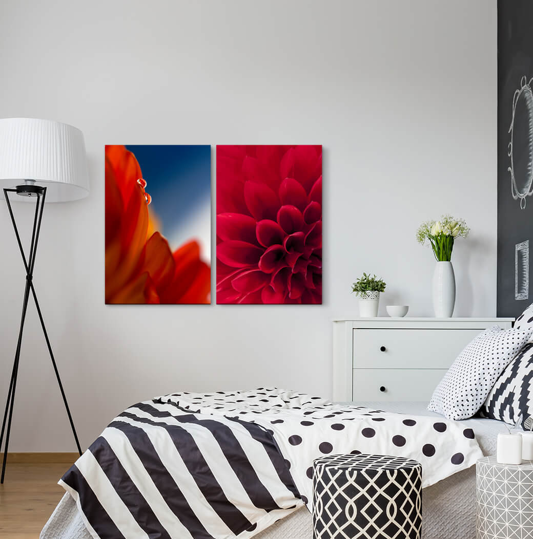 2-tlg. Leinwandbilder-Set - Grafikdruck „Dahlia Red Flowers Drop Harmony Warm”