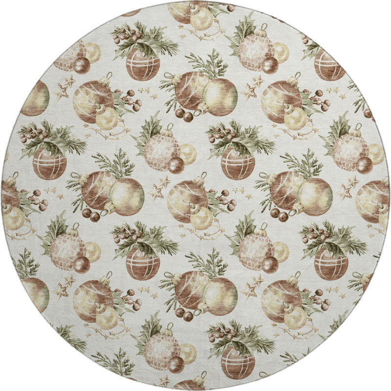 Premium Machine Washable Ingrassellino AMF1828 Christmas Balls Rug, Round 8'