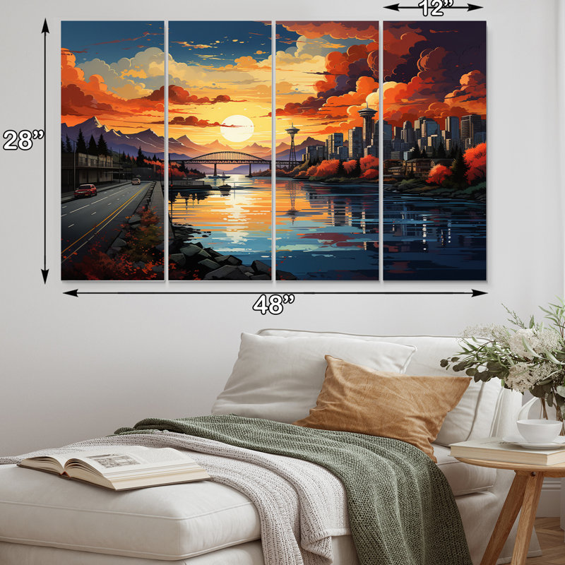 «City Vancouver Sunset Popart», reproduction sur toile - 4 panneaux