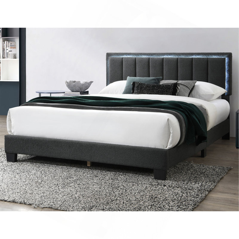 Grand lit en laine gris anthracite, capitonnage, chambre à coucher moderne, tête de lit à DEL intégrée de couleur contemporaine, tissu, tête de lit, sans sommier