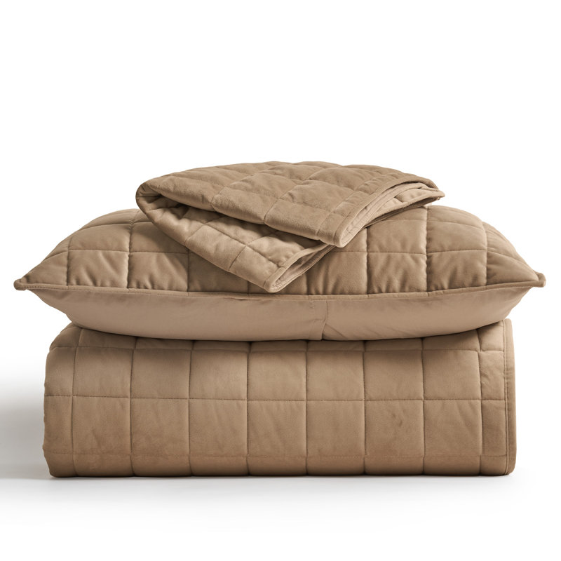 Box Stitch PearlVelvet Quilt set, King Quilt + 2 King Shams, Camel