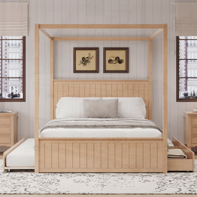 Modern Canopy Platform Bed with Trundle, Three Storage Drawers, and 4-Post Solid Wood Frame, No Box Spring Needed