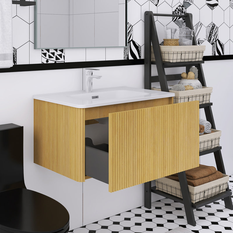 Meuble-lavabo flottant mural 30 po avec lavabo en céramique blanc, Chêne naturel
