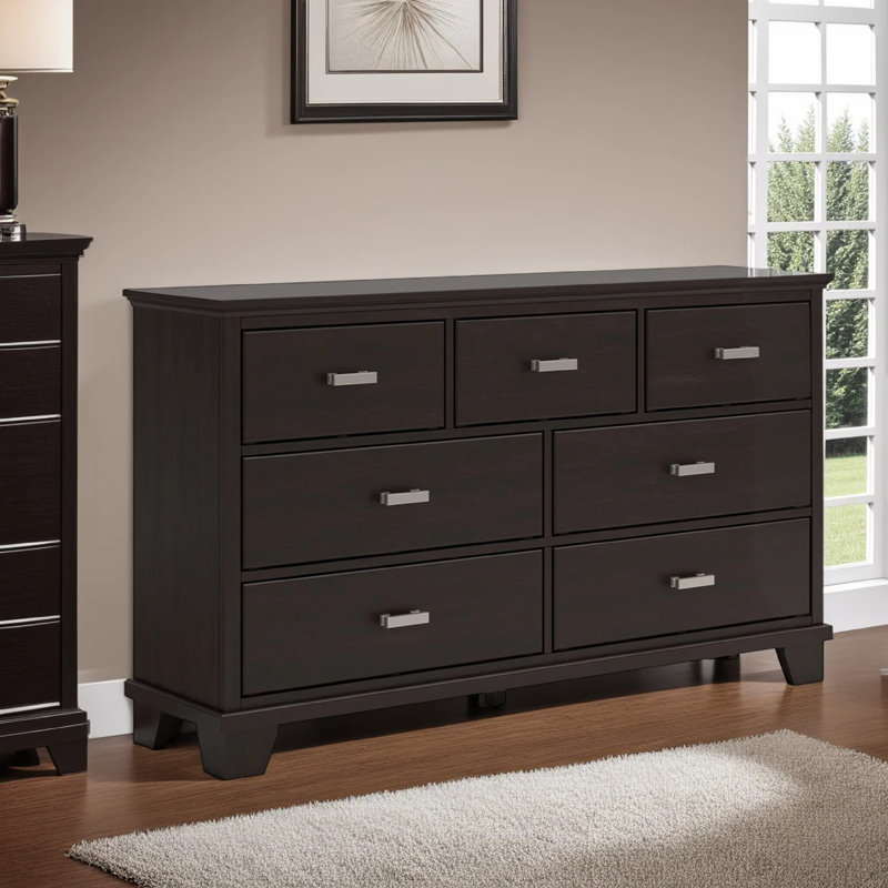 Grande commode Teno, poignées en nickel à 7 tiroirs, bois franc brun foncé