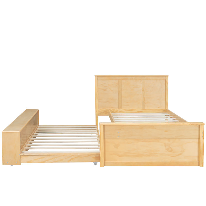 Lit plateforme moderne en bois massif avec couchette coulissante et compartiments de rangement latéraux Oiven, Lit simple