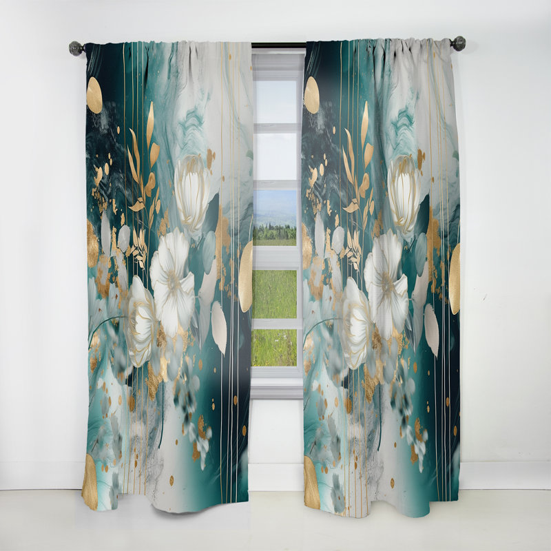 Golden Blue Marble Flowers I - Floral Curtain - Velvet Room Darkening - 1 panel, 52" W x 120" L