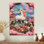 Licorne blanche, fleurs roses, paysage brodé, licornes