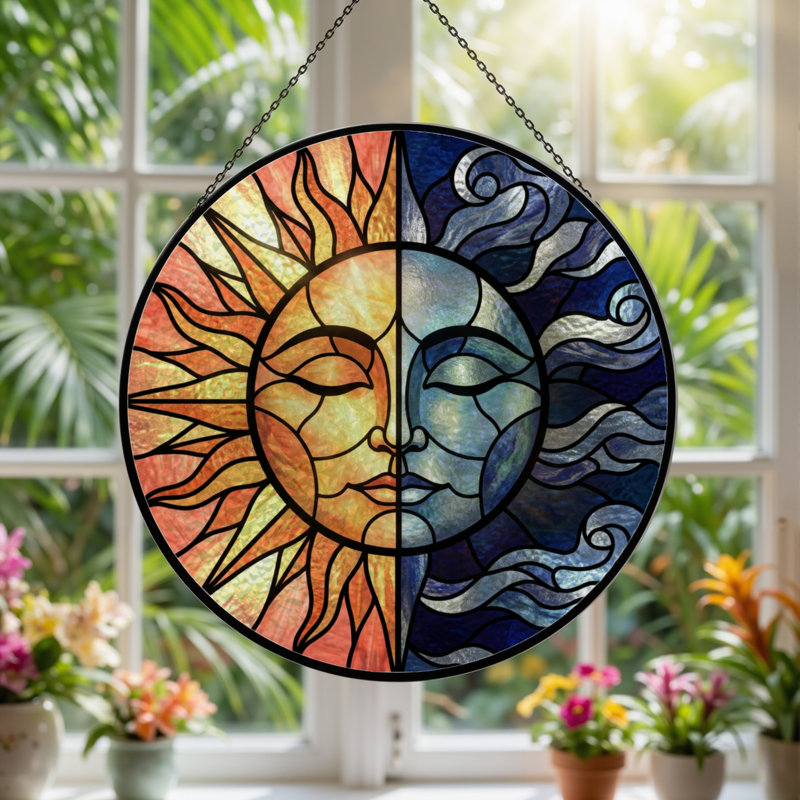 Panneau de vitrail en verre coloré H 7,8 po Sun Moon, H 7,8 po x l 7,8 po