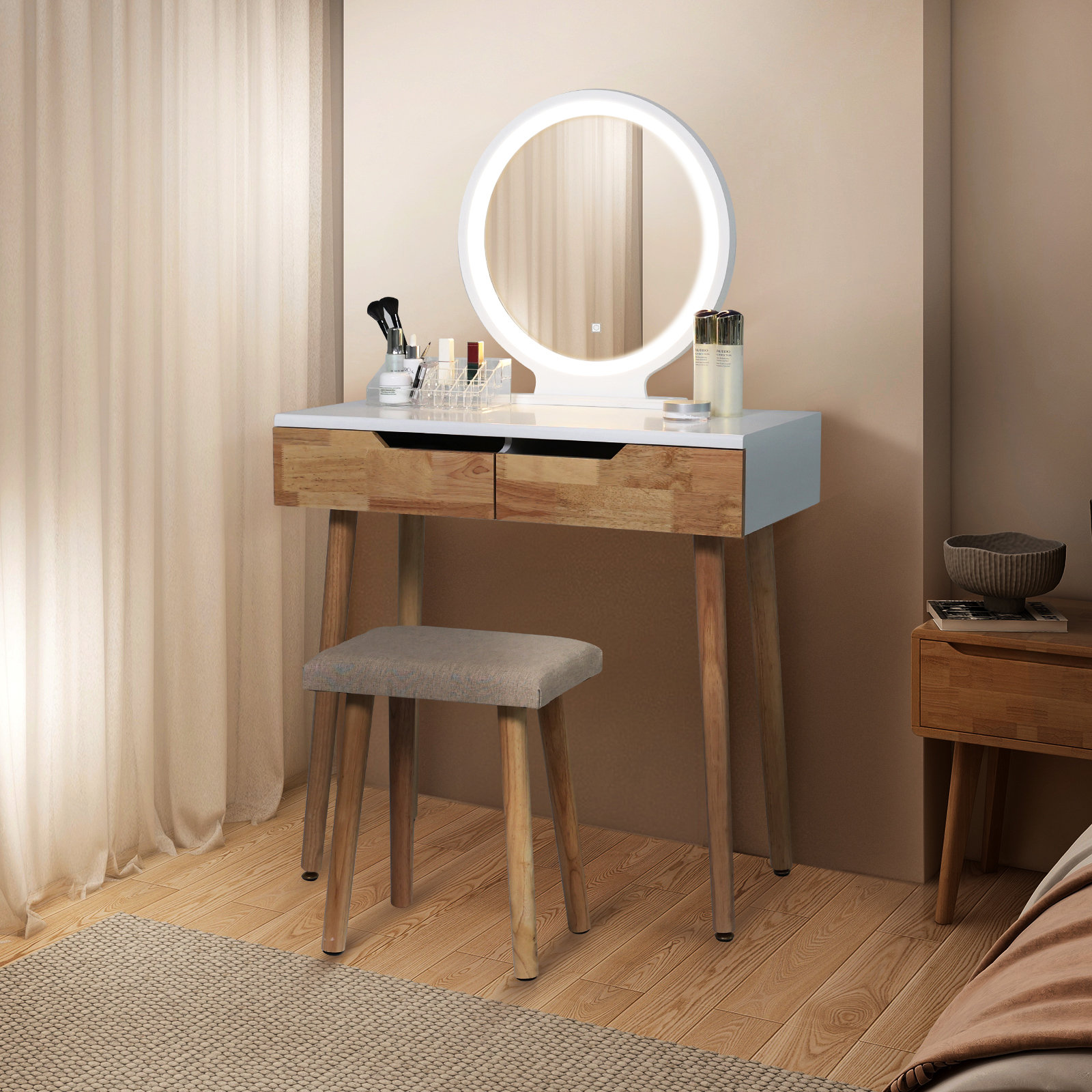 Ensemble de Coiffeuse avec lumières LED et Miroir, Coiffeuse de Maquillage  avec tiroirs, Miroir à intensité Variable à écran Tactile 3 Couleurs, pour  décoration de Chambre à Coucher, Style s : 