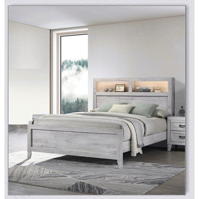 Simple Bedroom 1Pc Bed W Headboard Shelves And Light White Wash Contemporary Furniture