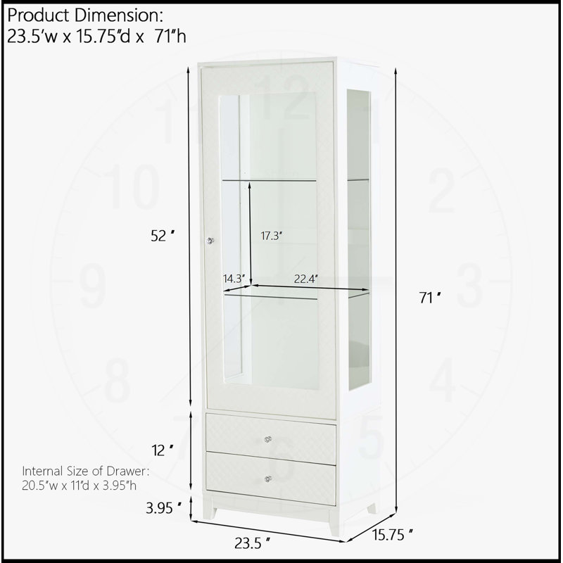 Vitrine 71 po autoportante avec 2 tiroirs de rangement, garde-manger rembourré, porte vitrée et tablettes réglables - blanc