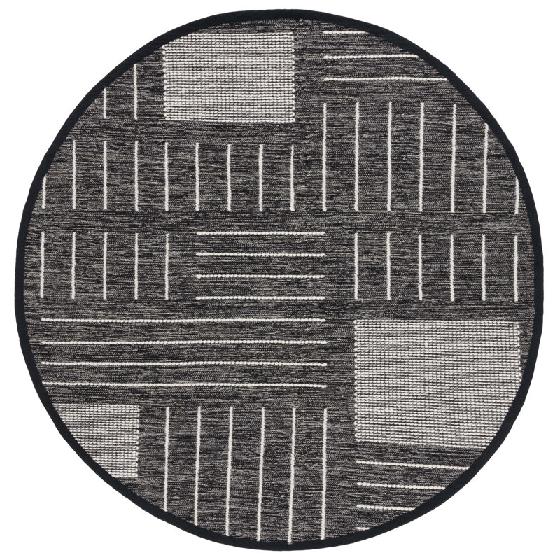 Flore Geometric Handmade Kilim Wool/Cotton Area Rug in Black/Ivory, Round 6'