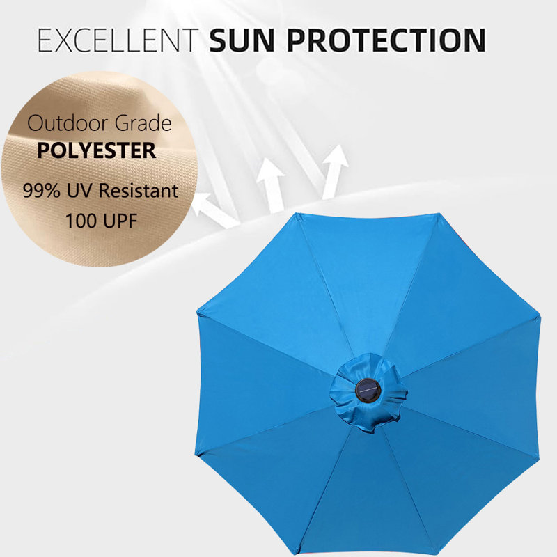 100 uv protection patio umbrella Merrick Lane Bali Teal 9' Round Resistant Outdoor With Height Lever And 33 Push Button Tilt diameter pole provides strong stability and rust resistance 9' x 9' Solar Lighted