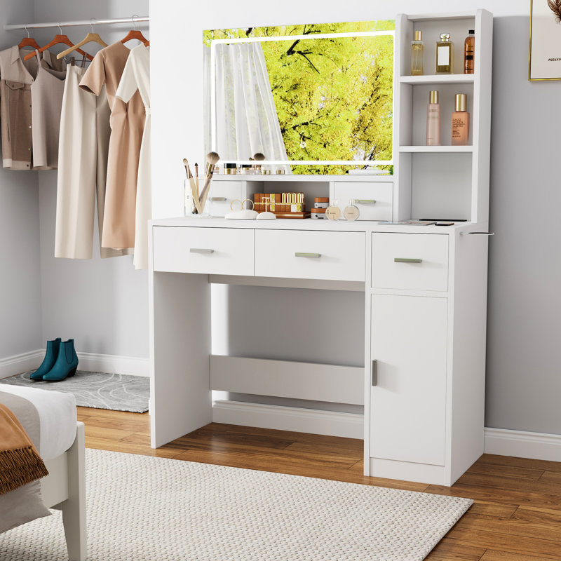 Coiffeuse blanche avec prise de courant, 5 tiroirs et miroir lumineux à DEL pour tiroirs fonctionnels, rangement supplémentaire éclairé
