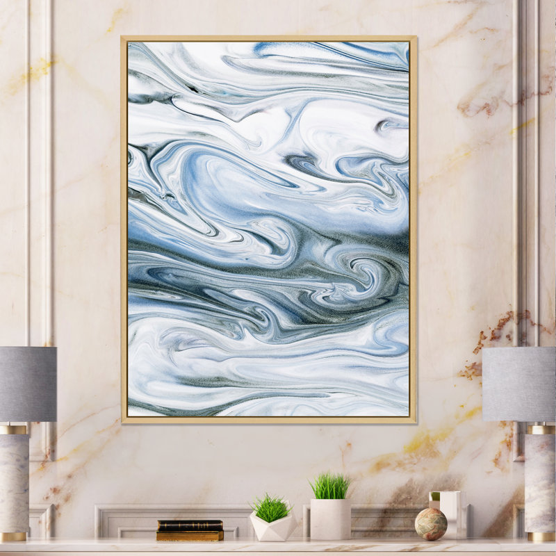 " Grey White And Blue Liquid MArble Art Universe " Painting Print, Maple Floater Frame Canvas, 44" H x 34" W