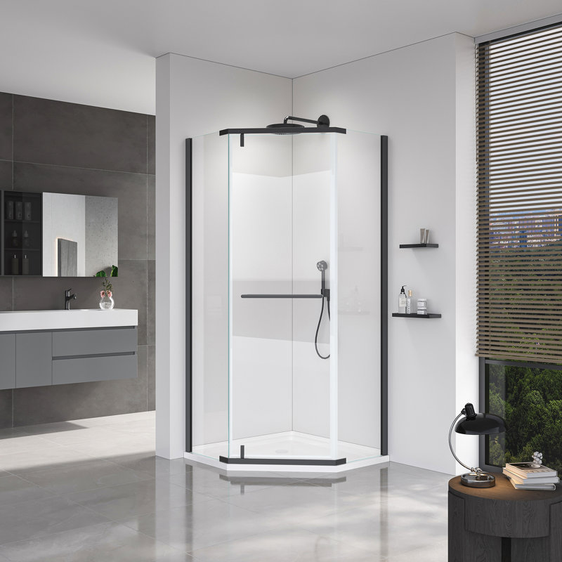 Porte de douche pivotante avec verre trempé de 1/4 po de 6 mm pour la salle de bain, mesure 36 * 36 * 72 pouces, finition noir mat, garde le plancher au sec, assemblage facile grâce aux composants inclus Verre, style, poids léger
