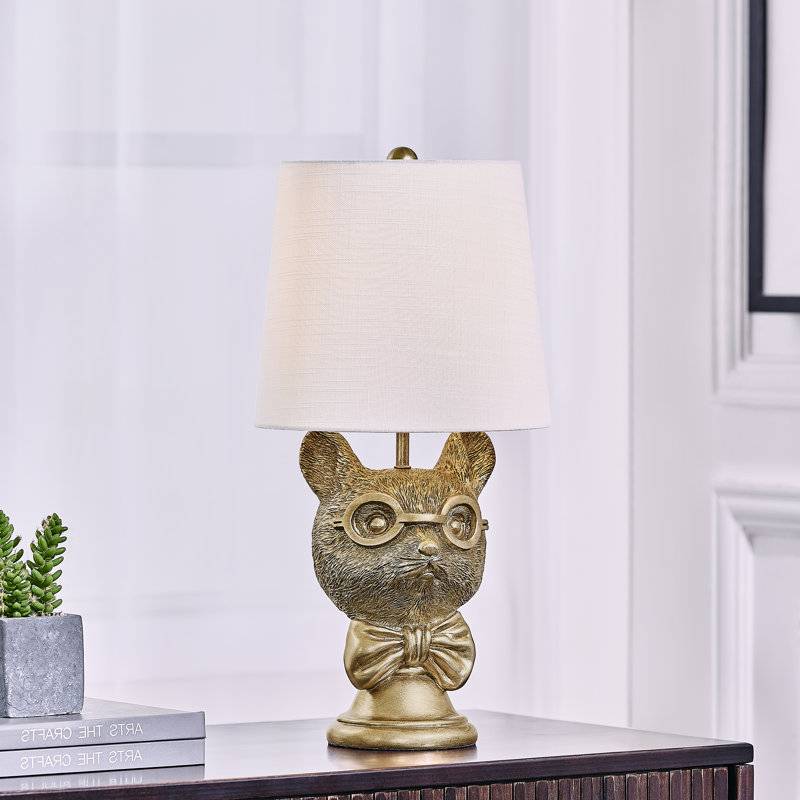 Lampe de table 20 po en résine dorée avec lunettes et abat-jour en lin, Doré, Blanc