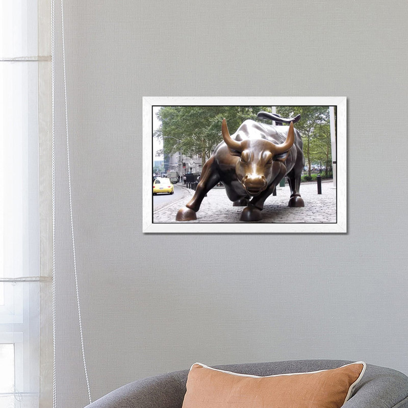 The Wall Street Bull - Print on Canvas, 101.6 cm H x 66.04 cm W, White Framed