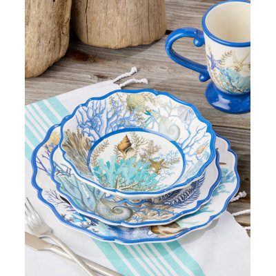 Service de table en mélamine 12 pièces Blue Lagoon - Corail côtier et coquillage - Service pour 4 avec assiettes et bols durables, légers et sans BPA - Va au lave-vaisselle pour une décoration nautique et de maison de plage