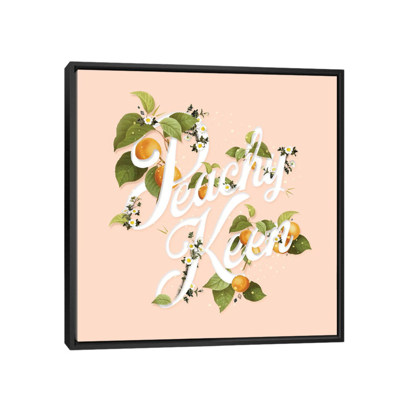 «Peachy Keen Peach», art textuel sur toile, H 18 po x l 18 po x P 1,5 po, Pas de tapis, Toile avec cadre noir