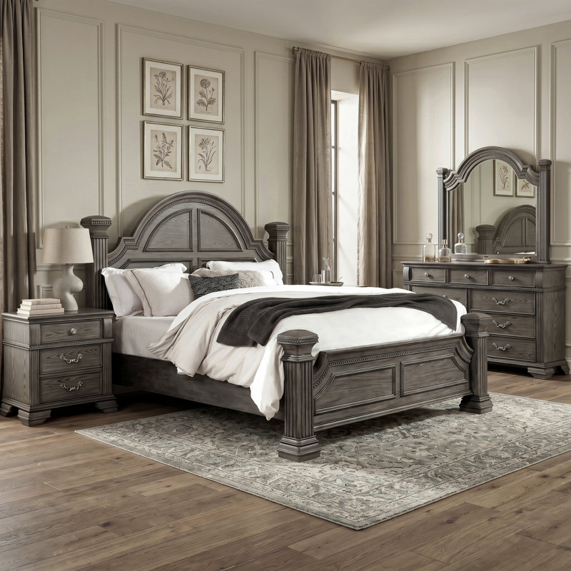 Adames Wood Bedroom Set with Bell-Shaped Headboard, Gray, King, 5 Pcs: Bed, 2 Nightstands, Dresser, Mirror