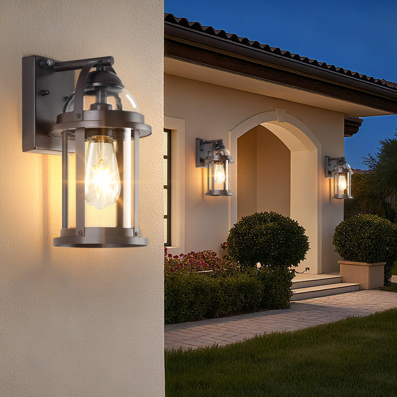 Rustic farmhouse style brown wall lamp, automatically lights from dusk to dawn, waterproof lighting fixture., Brown