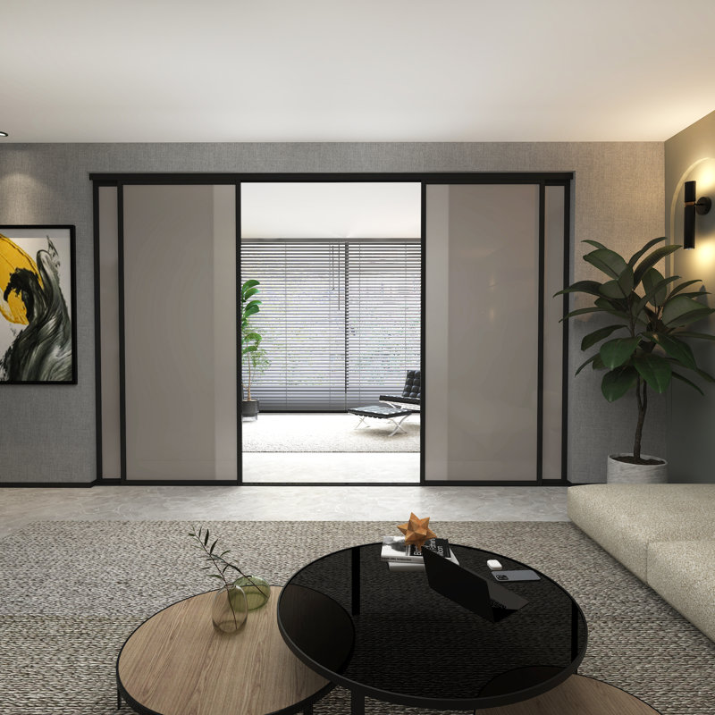 Cloison 4 panneaux coulissants en verre givré fumé - Structure en aluminium avec technologie Silent Glide, 120 po x 96 po