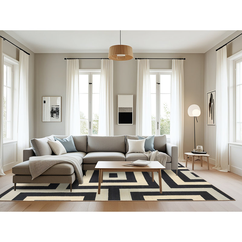 Tapis géométrique noir / beige, Rectangle 8 pi x 12 pi