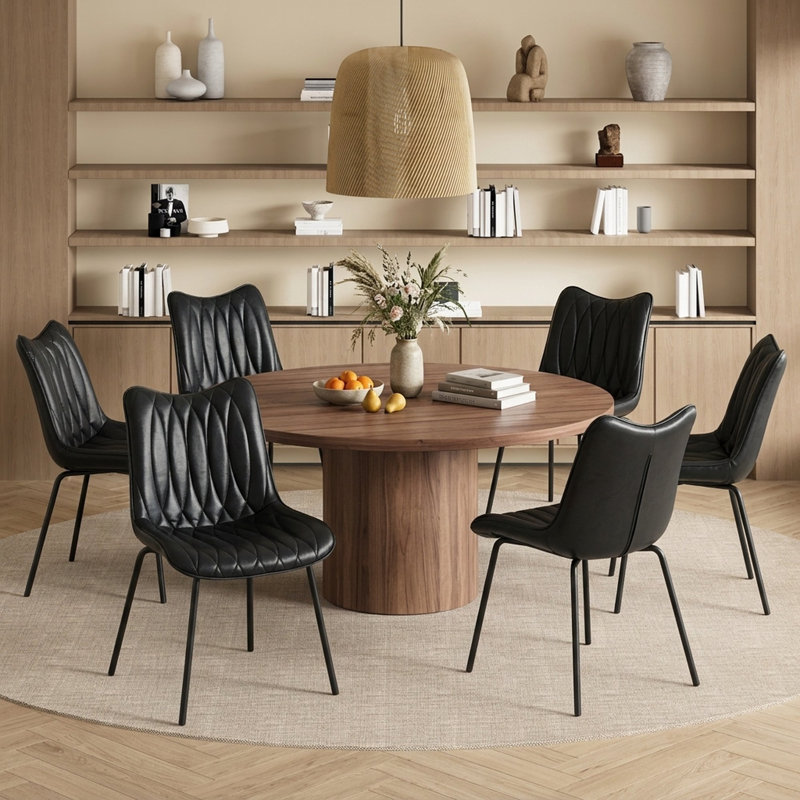 Set of 2 Mid-Century Modern Dining Chairs, Upholstered Faux Leather Side Chairs with Metal Legs, Black, 2, Black