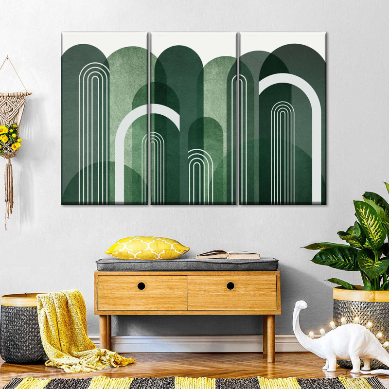 Abstrait géométrique Mid-Century arches vert émeraude sur toile, 3 pièces, H 20 po x l 33 po x P 1 po